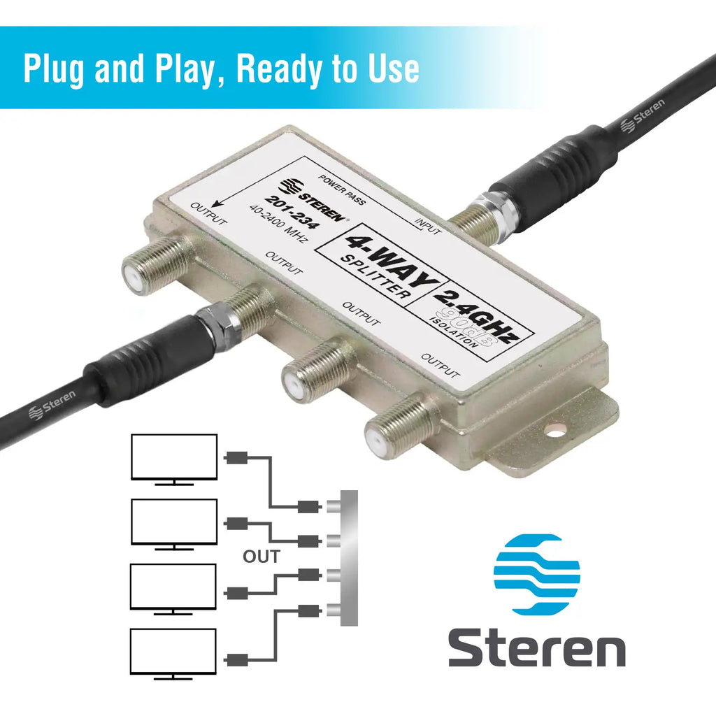 Steren 4-Way Coaxial Splitter 2.4GHz 90dB High-Frequency Signal Distribution for Analog and Digital Satellite Applications with Power Pass